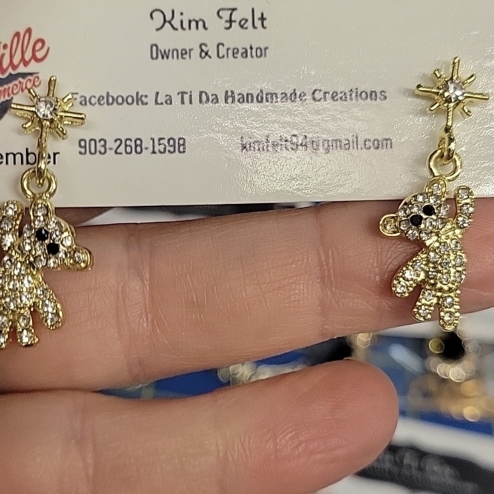 Rhinestone Teddy Bear Hanging from a Star Gold Tone Earrings